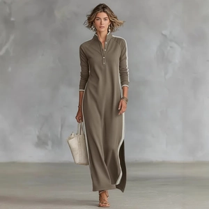 Robe longue kaki à manches longues avec passepoil contrasté, col polo et fente latérale