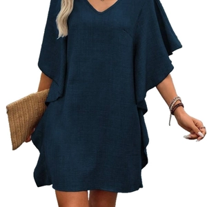 Robe d'été femme col V avec manches à volants amples en coton lin texturé vert foncé