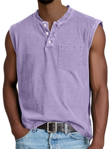 Close-up of light purple washed cotton Henley tank top with button placket and chest pocket