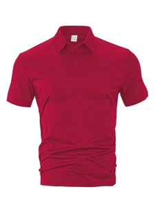 Detail of red breathable mesh Polo shirt with three buttons and classic collar design