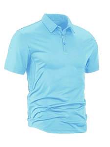 Detail of light blue men's polo shirt showing breathable mesh texture and polo collar