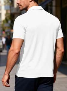 Detail of white waffle texture fabric on men's polo shirt with stylish slim fit cut