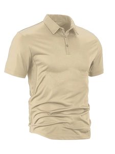 Detail view of khaki polo shirt featuring breathable mesh stitching and 3-button collar