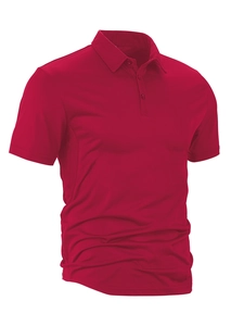 Detail of breathable micro-mesh fabric and classic three-button placket on men's polo
