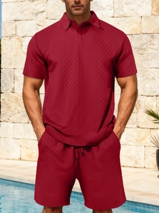Men's summer knit polo and shorts set in burgundy with textured geometric pattern