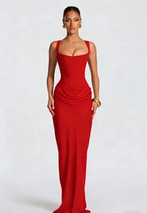 Detailed view of red bodycon maxi dress featuring waist pleats and square neckline