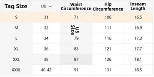 Detailed size chart for men white corduroy shorts showing waist and hip measurements