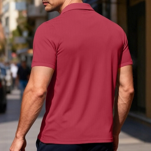 Men's slim fit short sleeve burgundy polo shirt with textured waffle knit fabric