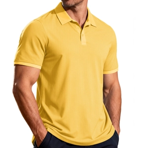Men's bright yellow short sleeve polo shirt with textured waffle knit and slim fit design