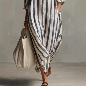 Relaxed fit vertical striped cotton midi dress with lapel collar for women in navy blue