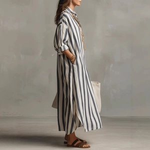 Vertical blue and white striped cotton shirt dress with lapel and side slits
