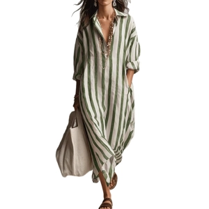 Green and white striped lapel shirt dress with long sleeves and casual loose fit