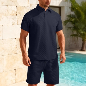 Men's navy textured short sleeve polo shirt and shorts set for summer leisure