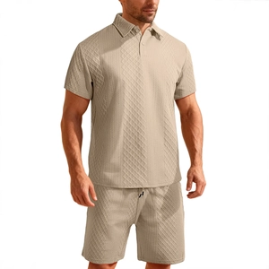 Men's summer casual polo set in khaki with diamond knit texture and drawstring shorts