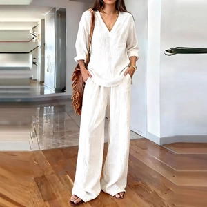 Women Casual Solid Color V Neck Long Sleeve Top And Wide Leg Pants Outfits Fashion Polyester Clothes For Daily Wear Spring