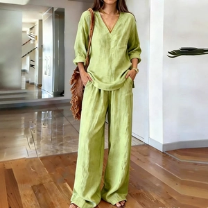 Women's V-neck cotton linen set with long sleeve top and wide-leg trousers in green