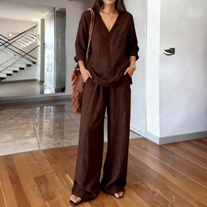 Women's dark brown cotton linen two-piece set featuring V-neck top and wide-leg trousers