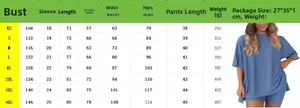 Detailed size chart for women casual round neck loose lounge set with pocket shorts