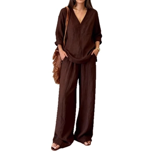 Women's two-piece linen set with V-neck long sleeve top and high-waist wide-leg trousers