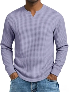 Detailed macro view of the lavender waffle knit texture and Henley notch neckline
