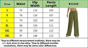 Size chart for women's casual drawstring straight leg trousers with detailed measurements