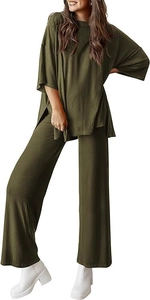 Detail of army green lounge set featuring side split top and high waist wide leg pants