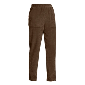 Detail of dark brown corduroy pants featuring elastic waistband and large patch pockets