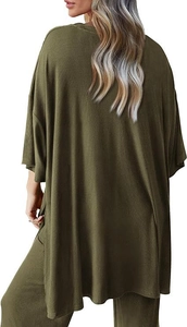 Rear view of women's loose olive green knit lounge set showing relaxed fit and side slit