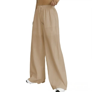 Women's casual drawstring wide-leg pants in khaki with large pockets and loose fit