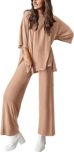 Close-up of the textured knitted fabric on this casual two-piece lounge set in light beige