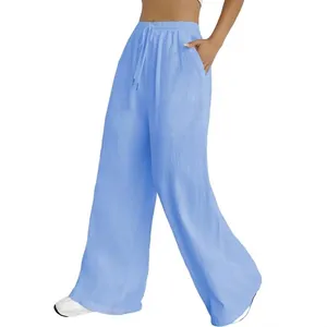 Women's light blue wide-leg trousers with drawstring elastic waist and side pockets