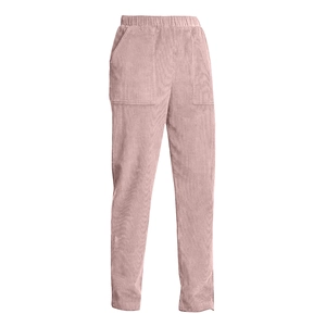 Detailed close-up of corduroy pants showing elastic waistband and large front pockets