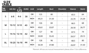 Detailed sizing chart for lace maxi dress showing measurements in centimeters and inches