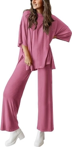 Detail of army green two-piece lounge set with side slit top and wide leg pants