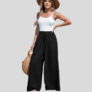 Pantaloni larghi donna in cotone e lino neri a vita alta con coulisse e tasche