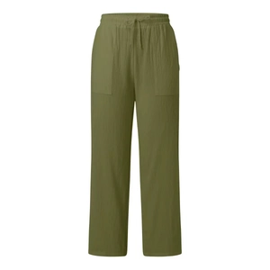 Detailed close-up of drawstring elastic waistband and pockets on olive green wide leg pants