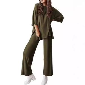 Women Casual Polyester Lounge Set Loose Round Neck Half Sleeve Patchwork Top And Bottom Wide Leg Pants Loungewear Two Piece Set