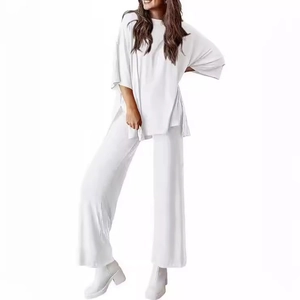 Women's casual loose-fit two-piece loungewear set with round neck top and wide leg pants