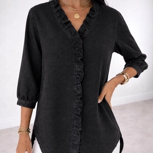 Women's V-neck ruffle blouse in washed black denim fabric with long sleeves and arc hem