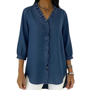 Casual dark blue denim V-neck blouse for women with ruffle trim and three-quarter sleeves