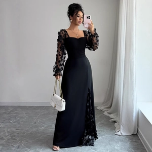 Women Elegant Square Neck Maxi Dress With 3D Floral Mesh Long Puff Sleeves High Slit Ruched Slim Fit Evening Party Gown