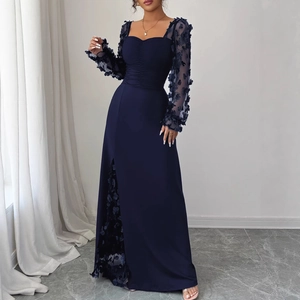 Elegant dark blue lace maxi dress with long floral mesh sleeves and a side leg slit