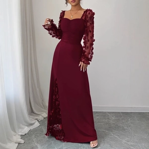 Elegant burgundy long-sleeved evening dress with square neckline and 3D floral lace details