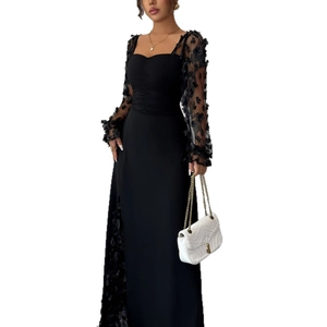 Elegant black long sleeve lace maxi dress with 3D floral embroidery and side slit detail