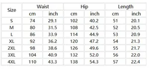 Detailed size chart for men's waffle knit shorts from size S to 4XL with measurements