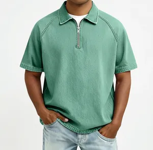Detail of men's polo shirt featuring zipper neckline and textured raglan sleeve fabric
