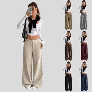 Pantaloni da Donna a Vita Alta in Velluto a Coste a Gamba Larga Autunno Inverno Casual Larghi Lunghi Eleganti Pendolare Con Tasche