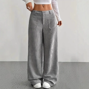 Pantaloni da donna in velluto a coste grigio a vita alta con gamba larga e tasche