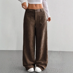 Pantaloni a gamba larga in velluto a coste marrone a vita alta da donna con tasche frontali