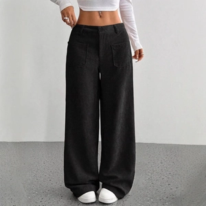 Pantaloni a gamba larga in velluto a coste a vita alta da donna con vestibilità ampia